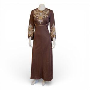 1960s Vintage Alfred Shaheen Maxi Dress – Brown Ornate Print – Medium